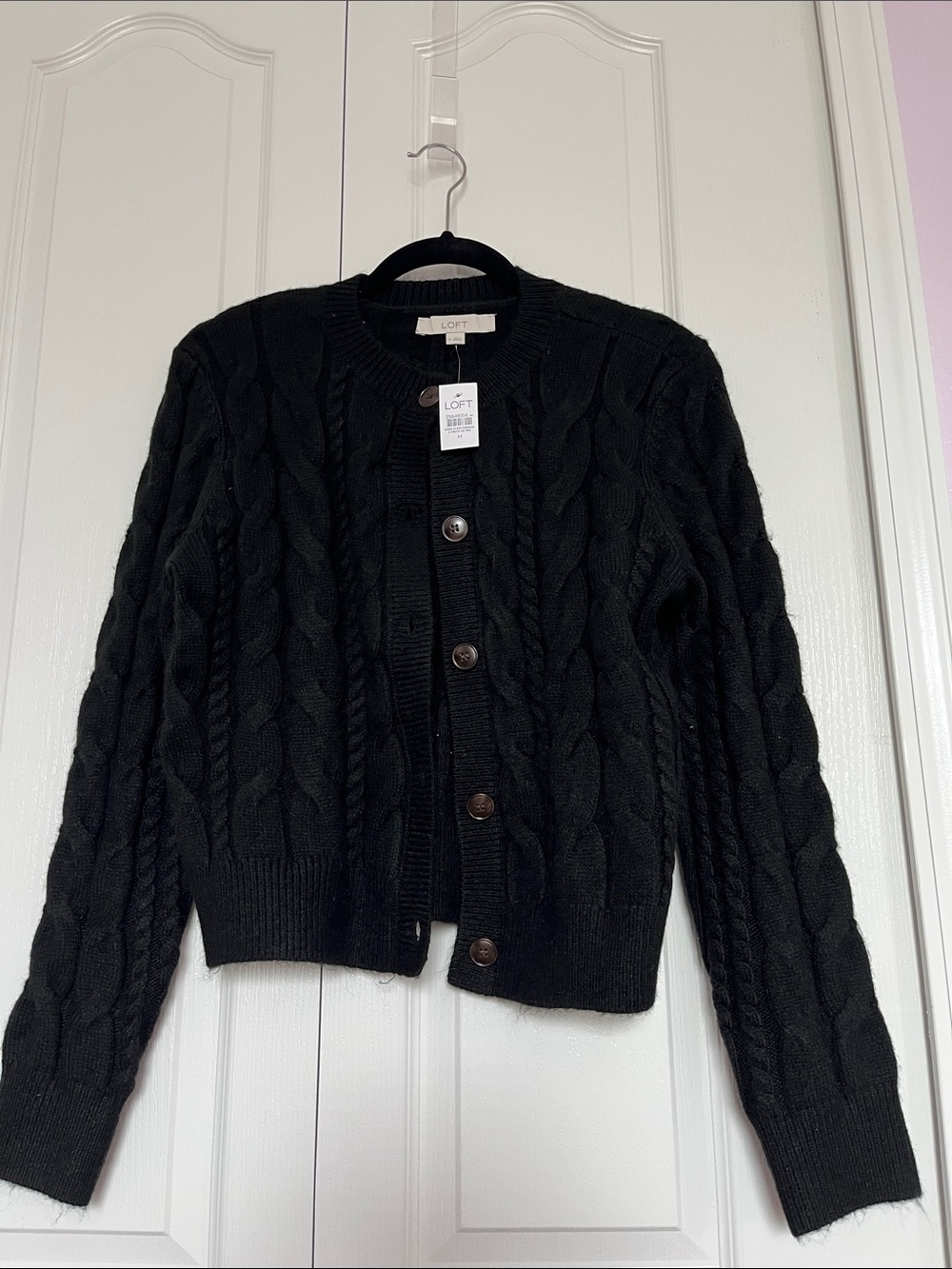LOFT Black Cable Knit Button-Front Cardigan